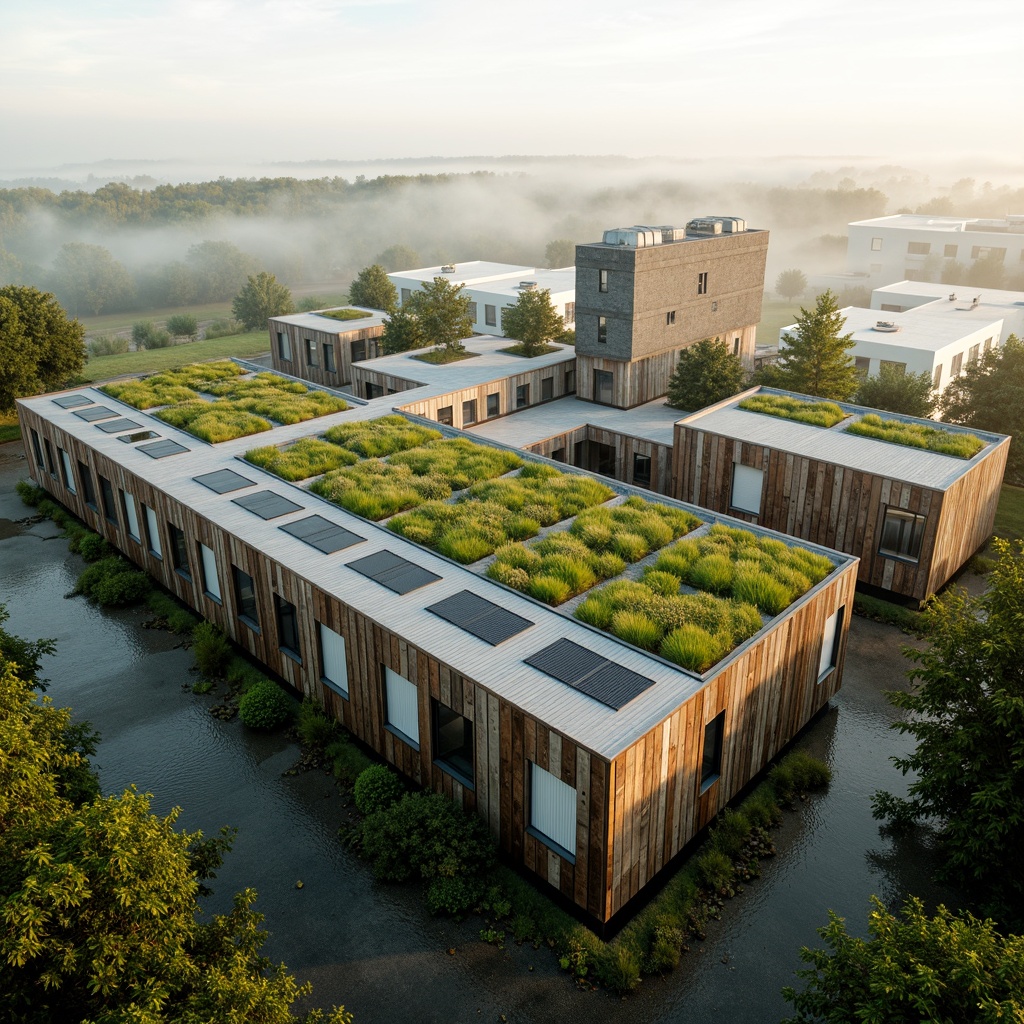 Prompt: Industrial factory, lush green roofs, vertical gardens, living walls, reclaimed wood cladding, corrugated metal panels, solar panels, skylights, clerestory windows, natural ventilation systems, minimalist design, sustainable materials, urban agriculture, misty morning, soft warm lighting, shallow depth of field, 1/1 composition, realistic textures, ambient occlusion.