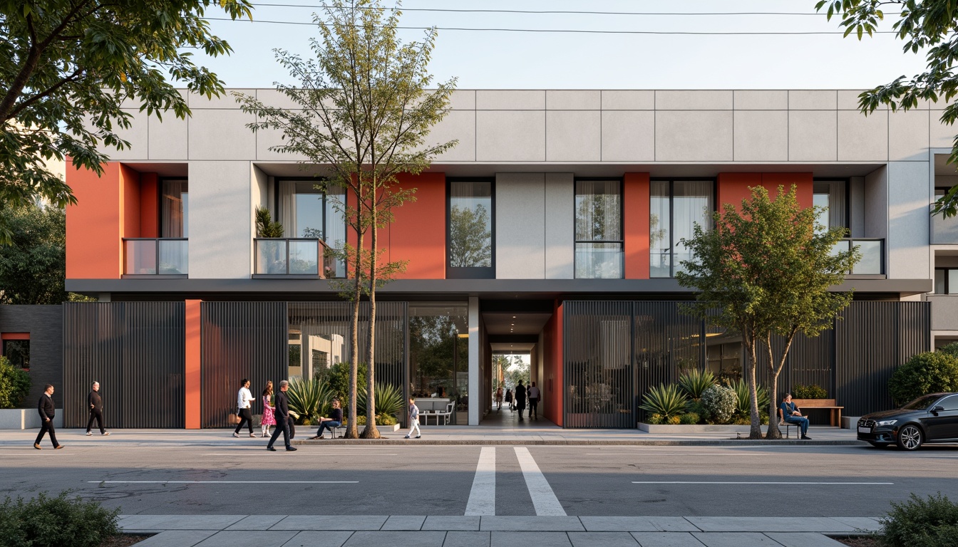 Prompt: Minimalist hostel facade, industrial materials, raw concrete walls, steel beams, functional windows, simplicity-driven design, open floor plans, communal living spaces, minimalist furniture, bold color accents, geometric patterns, urban cityscape, busy street scene, morning sunlight, soft natural lighting, shallow depth of field, 1/1 composition, symmetrical framing, clean lines, rectangular shapes, functional decor, industrial chic aesthetic.