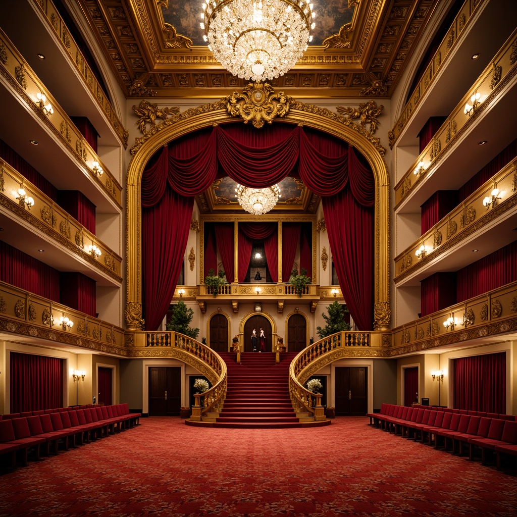 Prompt: Richly ornamented opera house interior, grand staircase, intricately patterned red carpet, opulent chandeliers, gilded frames, velvet curtains, ornate balconies, luxurious seating areas, lavish drapery, sparkling crystal lighting, warm golden tones, rich jewel-toned accents, velvety smooth textures, dramatic high ceilings, Baroque-inspired architecture, sweeping archways, intimate performance spaces, soft focused spotlighting, 1/2 composition, cinematic atmosphere, detailed ornate moldings.