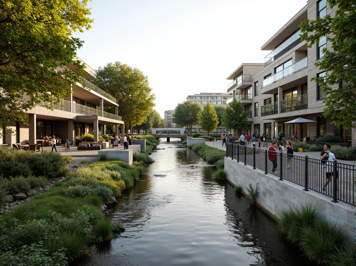 Prompt: Scenic riverbank, lush green vegetation, serene water flow, modern building integration, large windows, glass balustrades, outdoor seating areas, wooden decks, steel railings, natural stone paving, waterfront promenade, scenic lookout points, panoramic views, soft warm lighting, 1/1 composition, realistic reflections, ambient occlusion.