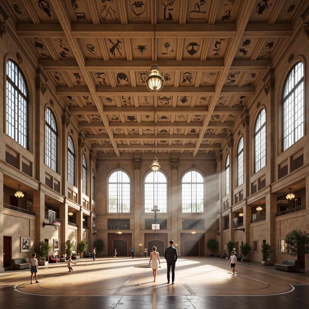 Prompt: Grandiose gymnasium, ornate Corinthian columns, arched windows, vaulted ceilings, rustic stone walls, polished wooden floors, intricate fresco patterns, opulent chandeliers, majestic statues, athletic equipment, basketball hoops, tennis courts, running tracks, natural light pouring in, warm beige tones, classical architectural details, subtle shadowing, 1/1 composition, symmetrical framing, realistic textures, ambient lighting.