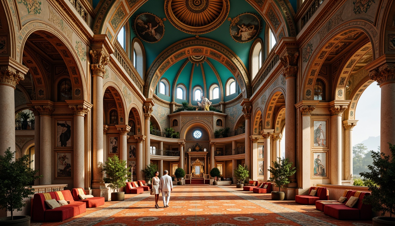 Prompt: \Majestic Byzantine church, rich gold accents, vibrant turquoise domes, intricate mosaics, ornate stone carvings, warm terracotta hues, luxurious velvet fabrics, ornamental patterns, grandiose archways, lavish frescoes, soft golden lighting, shallow depth of field, 1/1 composition, realistic textures, ambient occlusion.\