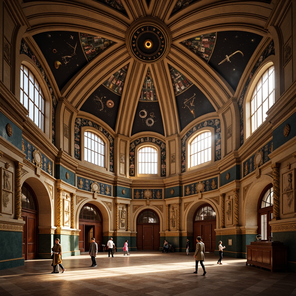 Prompt: Dome-shaped planetarium, Romanesque arches, ornate stone carvings, stained glass windows, intricate mosaics, grand entrance doors, celestial-inspired frescoes, astronomical instruments, bronze telescopes, copper accents, warm golden lighting, shallow depth of field, 1/1 composition, dramatic shadows, realistic textures, ambient occlusion.