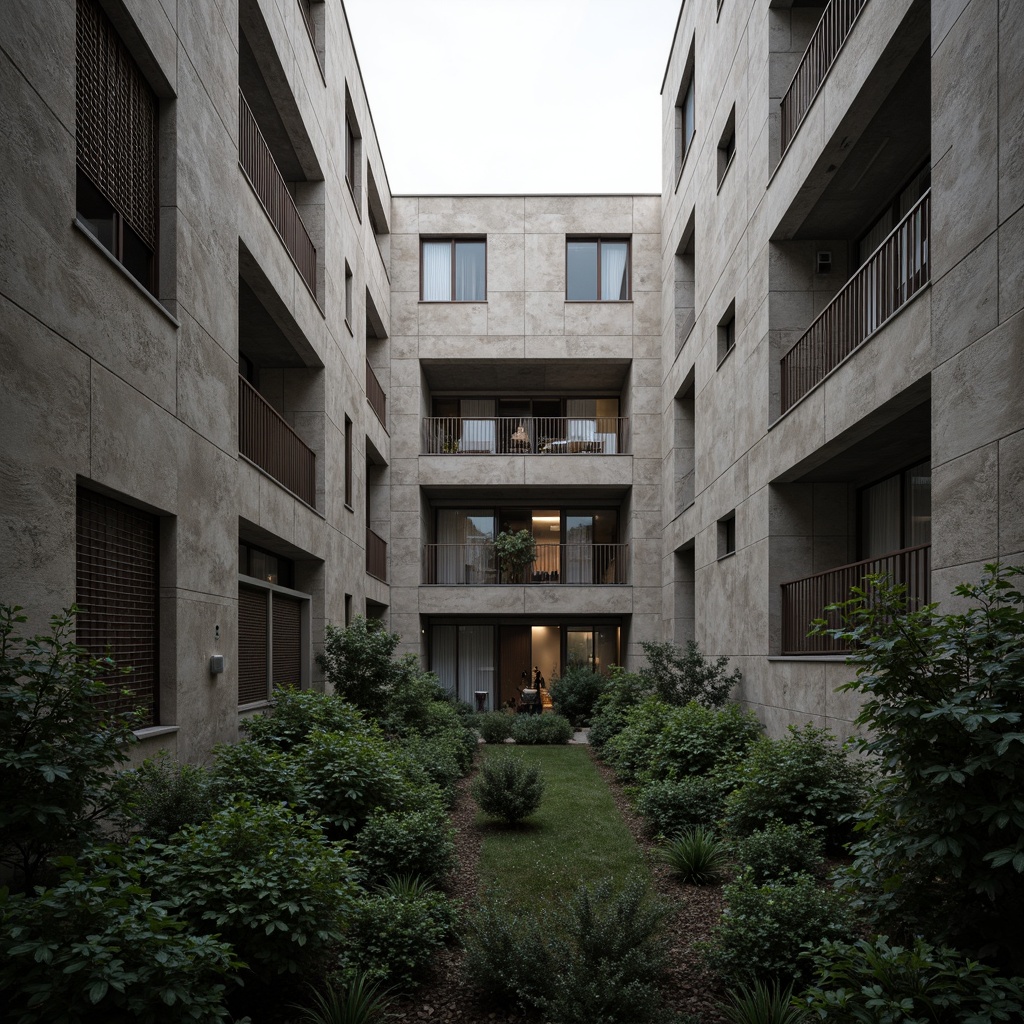 Prompt: Rough-hewn concrete walls, brutalist architecture, fortress-like buildings, rugged stone facades, industrial-style windows, metal gridwork, urban landscape, dense foliage, overcast skies, dramatic shadows, high-contrast lighting, 1/1 composition, symmetrical framing, realistic textures, ambient occlusion.