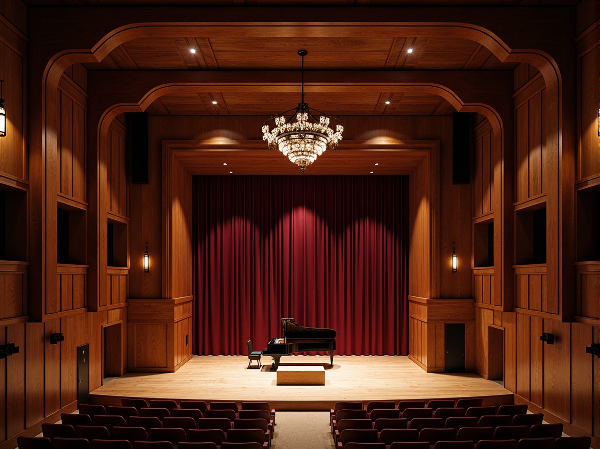 Prompt: Intimate concert hall, rich wood paneling, velvety dark red curtains, premium soundproofing materials, adjustable acoustic panels, tiered seating, ornate chandeliers, grand piano, spotlights, soft warm lighting, shallow depth of field, 1/2 composition, symmetrical architecture, curved lines, luxurious textiles, elegant furnishings, subtle color palette, refined ambiance, optimal reverberation time, precise sound diffusion, immersive audio experience.