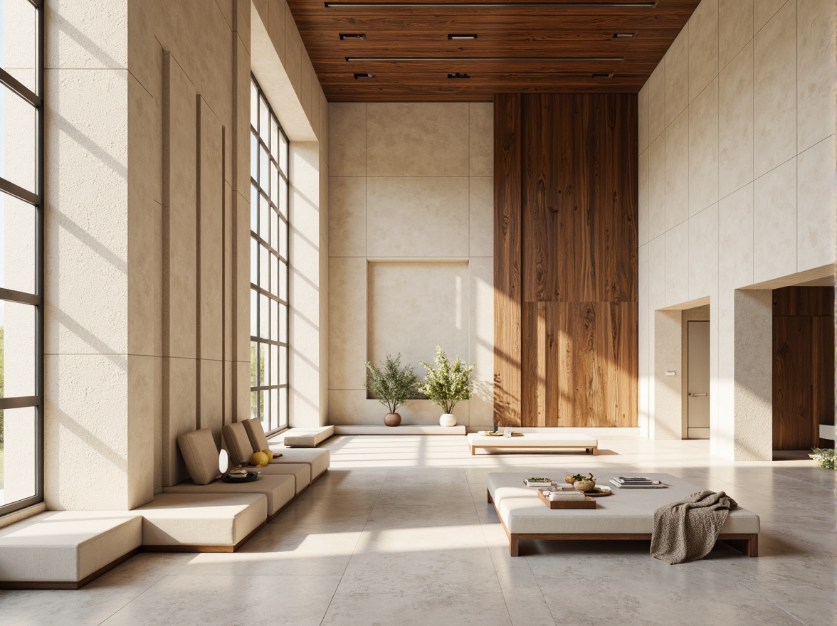 Prompt: Soft cream stone fa\u00e7ade, warm beige accents, rich walnut wood tones, subtle silver metallic details, elegant stained glass windows, minimalist geometric patterns, sleek modern lines, airy open spaces, natural light pouring in, soft warm glow, gentle shadows, 3/4 composition, symmetrical balance, realistic textures, ambient occlusion.