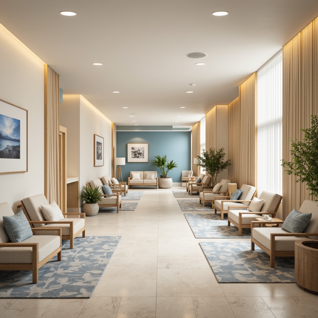 Prompt: Calming clinic interior, soft pastel colors, gentle beige tones, soothing blue hues, creamy whites, warm wood accents, natural textiles, minimalist decor, comfortable seating areas, subtle patterned rugs, calming artwork, serene lighting, shallow depth of field, 1/1 composition, realistic textures, ambient occlusion.