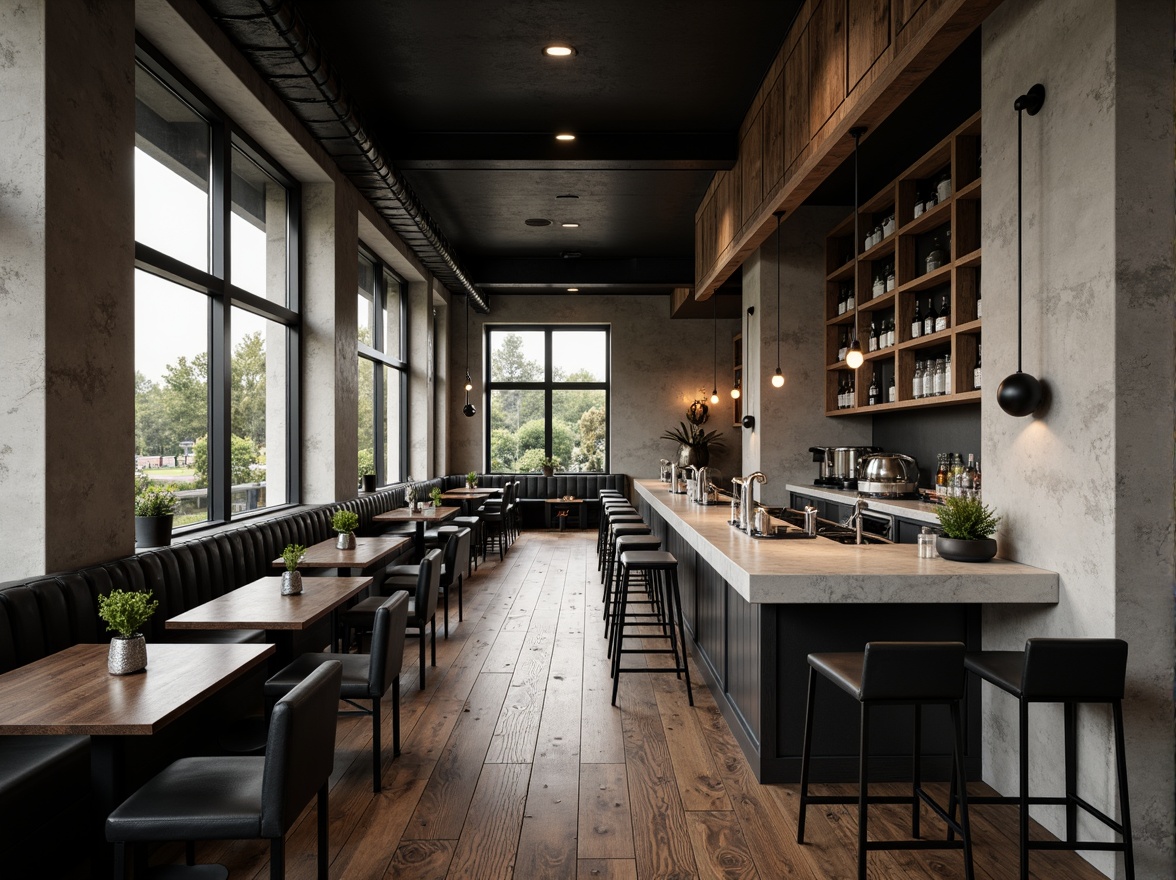 Prompt: Monochromatic pub interior, minimalist decor, exposed concrete walls, polished wooden floors, industrial metal beams, reclaimed wood accents, subtle texture contrasts, natural stone countertops, matte black hardware, soft warm lighting, cozy atmosphere, shallow depth of field, 1/1 composition, realistic material reflections, ambient occlusion.