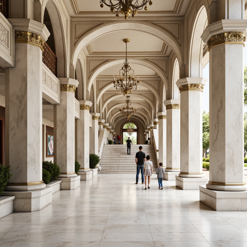 Prompt: Elegant columns, ornate capitals, marble textures, subtle veining patterns, creamy white stone, polished brass details, refined stucco surfaces, intricate moldings, ornamental friezes, symmetrical facades, grandiose entranceways, sweeping staircases, opulent chandeliers, soft warm lighting, shallow depth of field, 1/1 composition, realistic textures, ambient occlusion.