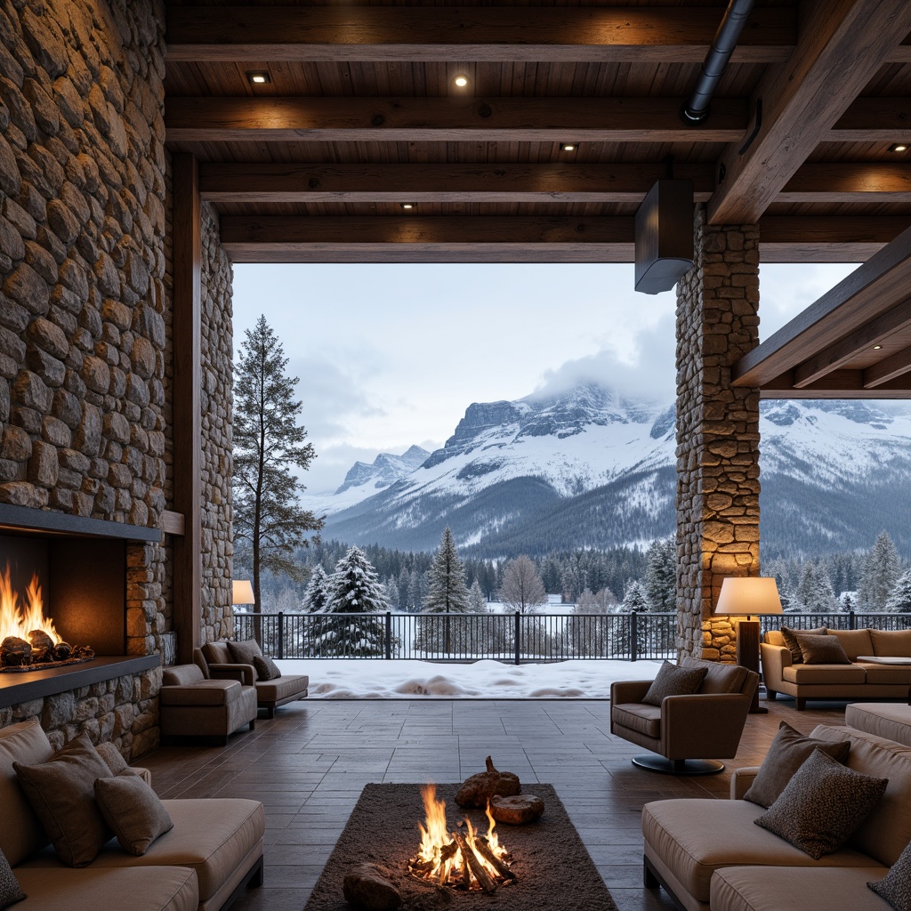 Prompt: Snow-capped mountains, frosty winter air, wooden ski lodge, rustic stone walls, earthy tones, natural textures, wooden beams, exposed ductwork, industrial-style lighting, metal accents, minimalist decor, functional simplicity, cozy fireplaces, warm ambiance, soft warm lighting, shallow depth of field, 3/4 composition, panoramic view, realistic renderings, ambient occlusion.