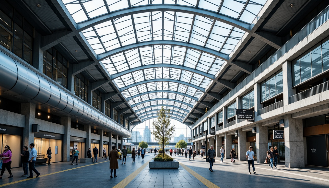 Prompt: Modern train station, large glass roofs, steel frames, minimalist design, clean lines, rectangular forms, functional simplicity, industrial materials, exposed ductwork, concrete floors, metal columns, cantilevered canopies, elevated platforms, automated ticketing systems, digital displays, sleek signage, urban connectivity, bustling atmosphere, natural light, airy interior, 3/4 composition, low-angle shot, realistic textures, ambient occlusion.