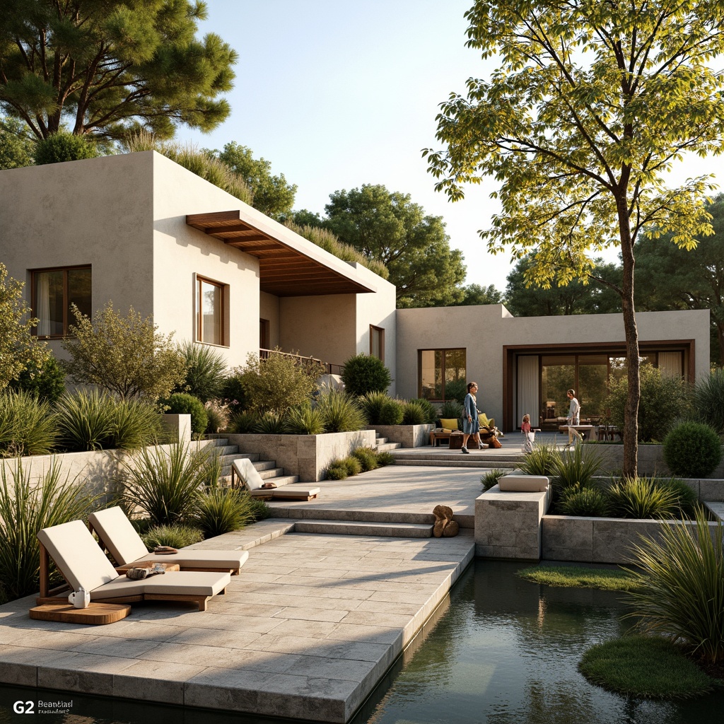 Prompt: Harmonious architectural design, earthy tones, natural materials, wooden accents, stone walls, green roofs, vibrant floral patterns, calming water features, serene landscape, warm sunny day, soft diffused lighting, shallow depth of field, 1/1 composition, realistic textures, ambient occlusion, modern minimalist style, clean lines, geometric shapes, neutral color scheme, beige stucco, creamy marble, soft gray concrete, rich wood tones, lush greenery.