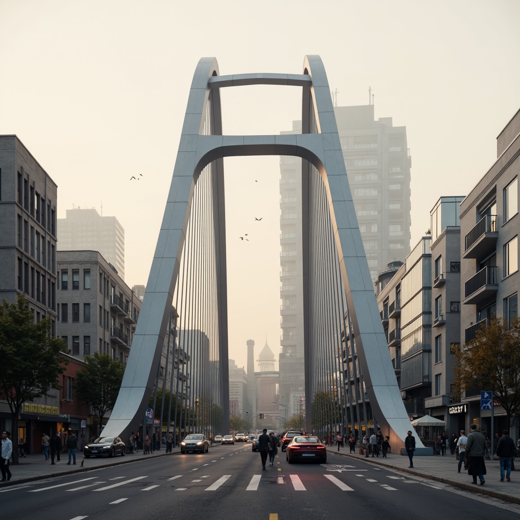 Prompt: Futuristic vehicular bridge, sleek metallic arches, suspension cables, modernist architecture, aerodynamic design, high-strength steel materials, rust-resistant coatings, LED lighting systems, dynamic motion sensors, real-time traffic monitoring, advanced safety features, emergency response systems, pedestrian walkways, cyclist lanes, urban cityscape, misty morning atmosphere, soft warm lighting, shallow depth of field, 3/4 composition, panoramic view, realistic textures, ambient occlusion.