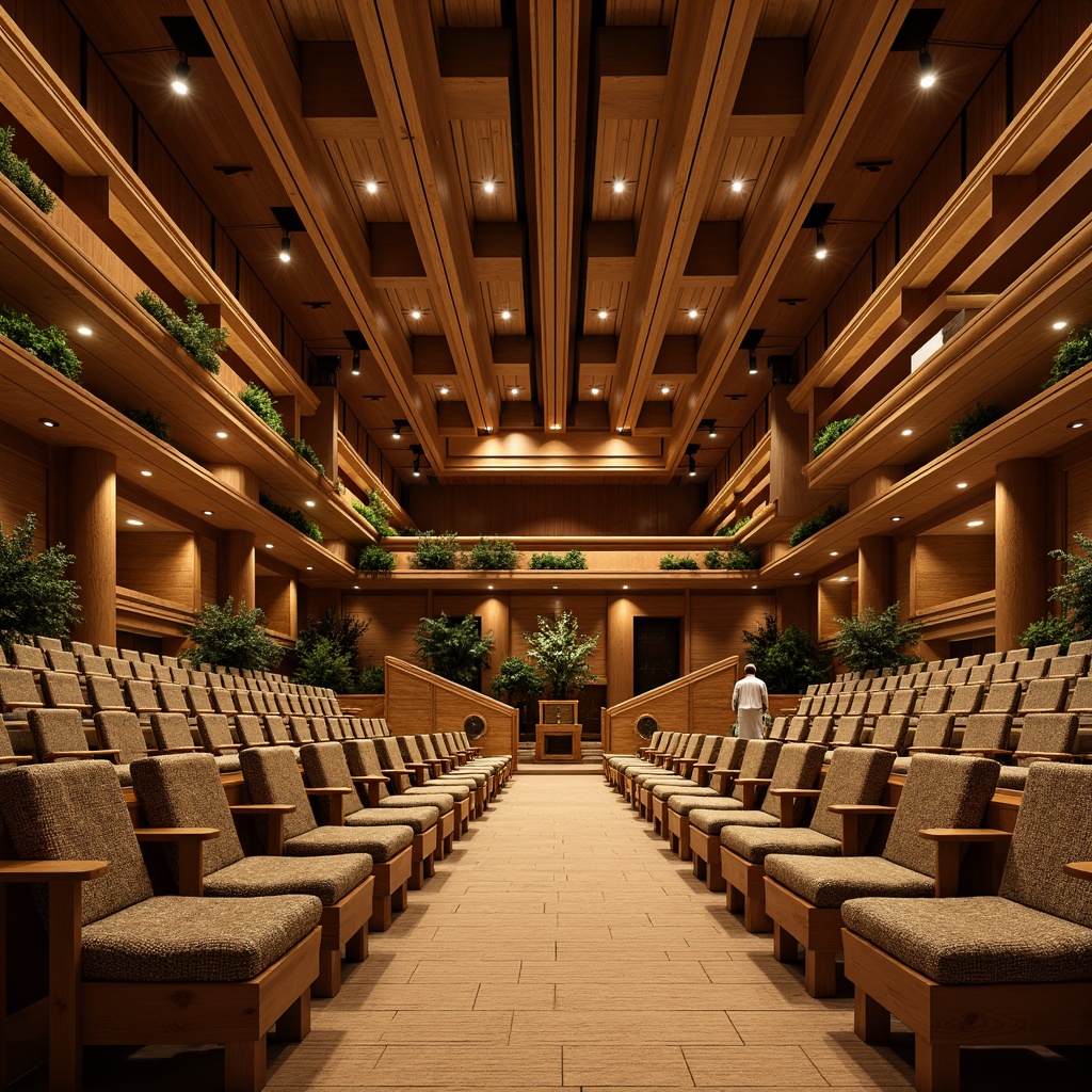 Prompt: Warm wooden auditorium, natural stone walls, earthy tone flooring, acoustic paneling, woven textile seating, organic shape stage design, lush greenery integration, soft warm lighting, subtle scent of wood, shallow depth of field, 3/4 composition, panoramic view, realistic textures, ambient occlusion.