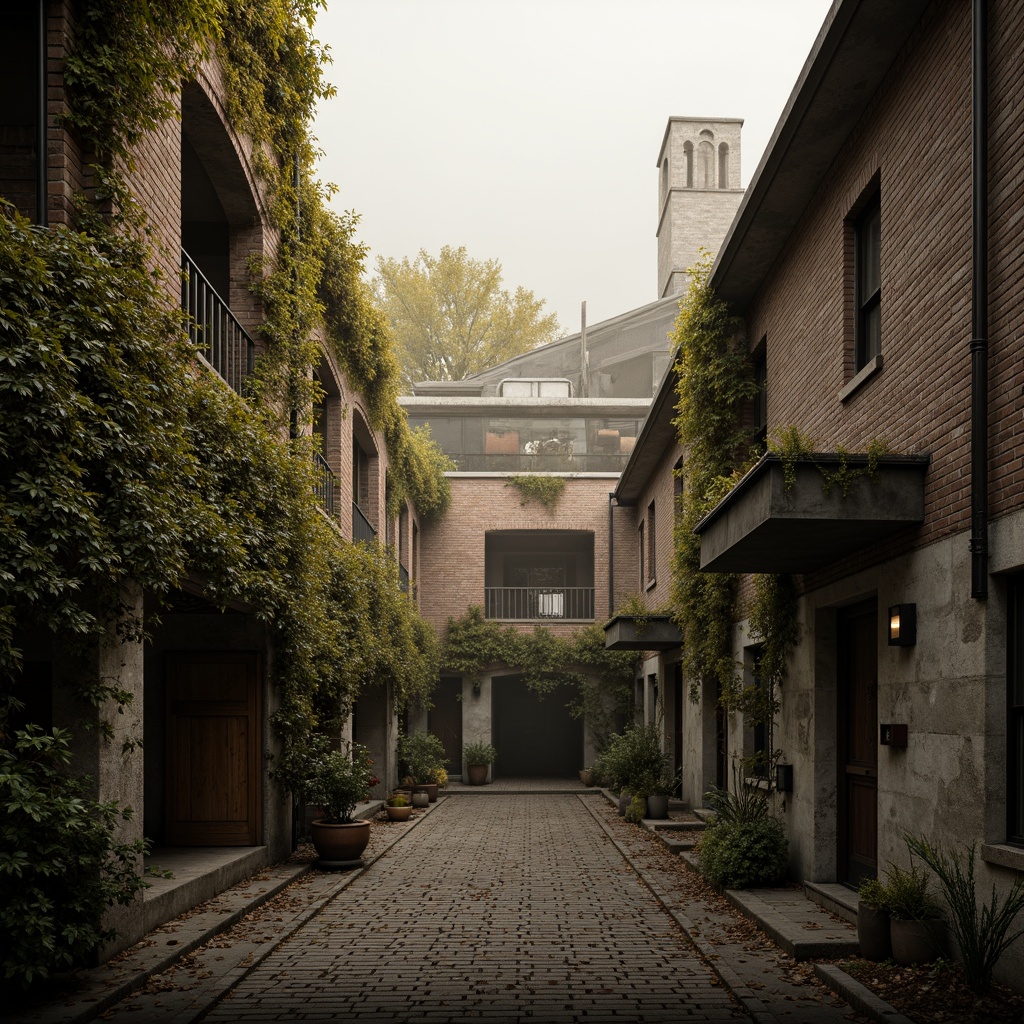 Prompt: Rustic warehouse buildings, Gothic architectural style, overgrown vines, crumbling stone walls, moss-covered roofs, weathered wooden doors, industrial metal fixtures, distressed brick textures, abandoned machinery, urban decay atmosphere, dimly lit alleys, foggy misty morning, warm golden lighting, shallow depth of field, 1/2 composition, symmetrical framing, realistic worn edges, ambient occlusion.