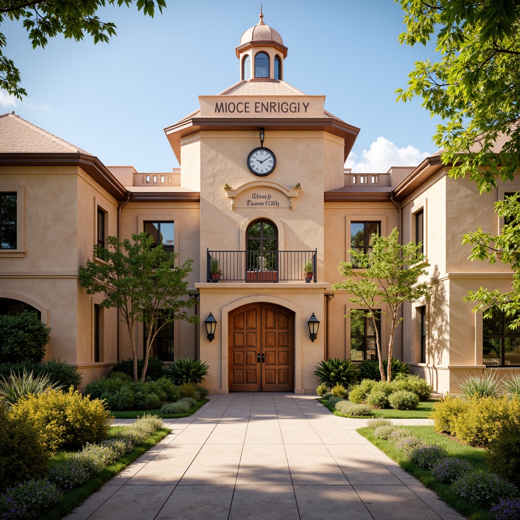 Prompt: Renaissance-style middle school facade, warm beige stone walls, ornate wooden doors, arched windows, intricate stone carvings, rustic metal lanterns, classic clock tower, symmetrical composition, vibrant greenery, blooming flower beds, sunny day, soft warm lighting, shallow depth of field, 3/4 composition, panoramic view, realistic textures, ambient occlusion.