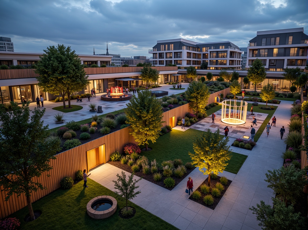 Prompt: Urban office complex, modern architecture, green roofs, lush gardens, natural stone walls, wooden decks, outdoor seating areas, walking paths, water features, public art installations, vibrant streetlights, warm evening ambiance, shallow depth of field, 1/1 composition, realistic textures, ambient occlusion.