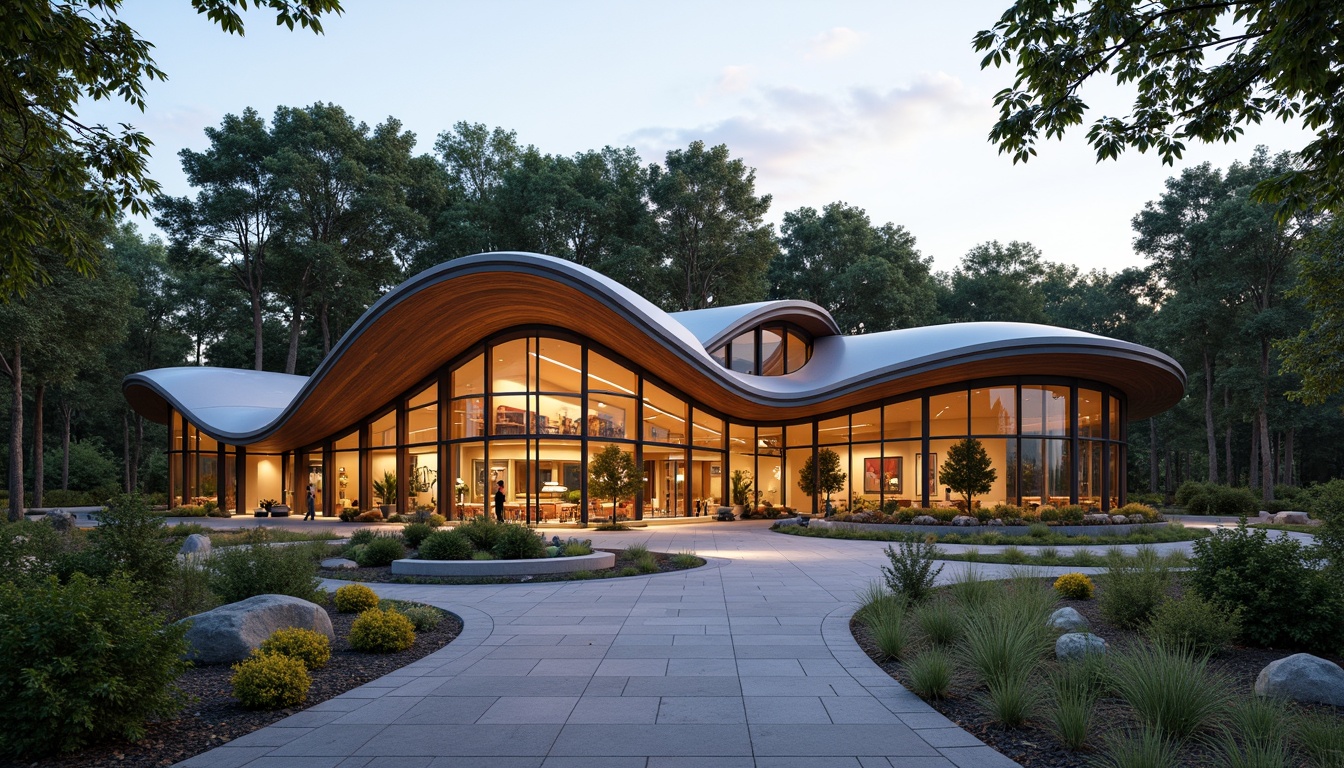 Prompt: Curved visitor center facade, cantilevered rooflines, glazed curtain walls, wooden accents, natural stone cladding, minimalist entrance, LED lighting systems, futuristic architecture, dynamic shapes, asymmetrical forms, vibrant color schemes, eco-friendly materials, sustainable building practices, surrounding forest landscape, walking trails, native plant species, serene atmosphere, soft warm lighting, shallow depth of field, 1/2 composition, realistic textures, ambient occlusion.