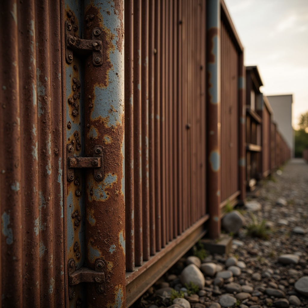 Prompt: Rustic corrugated iron sheets, weathered metallic texture, distressed surface, industrial aesthetic, worn-out bolts, rustic patina, earthy tone, natural decay, rugged landscape, abandoned factory, old warehouse, vintage machinery, nostalgic atmosphere, warm golden lighting, shallow depth of field, 1/1 composition, realistic rust details.