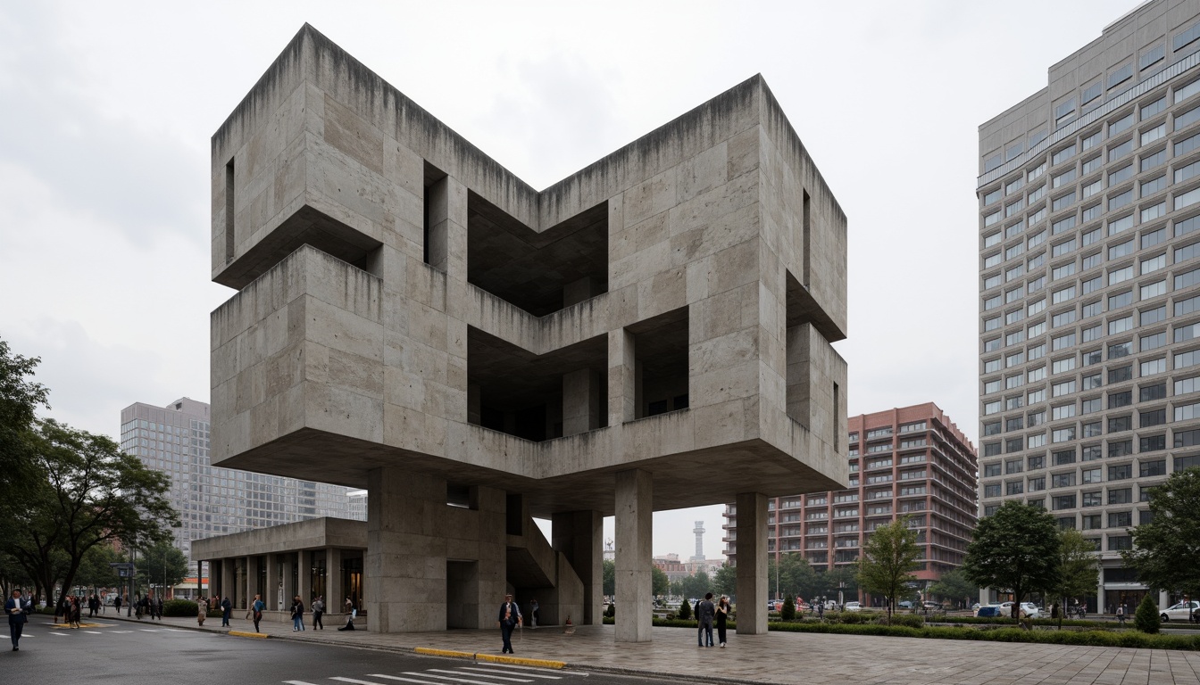 Prompt: Monumental brutalist building, rugged concrete texture, fortress-like fa\u00e7ade, angular geometric shapes, stark monumental columns, cantilevered upper floors, raw unfinished surfaces, industrial materials, urban cityscape, overcast sky, dramatic shadows, low-key lighting, 3/4 composition, symmetrical arrangement, abstract art installation, bold color accents, minimalist landscaping, rugged stone walkways.