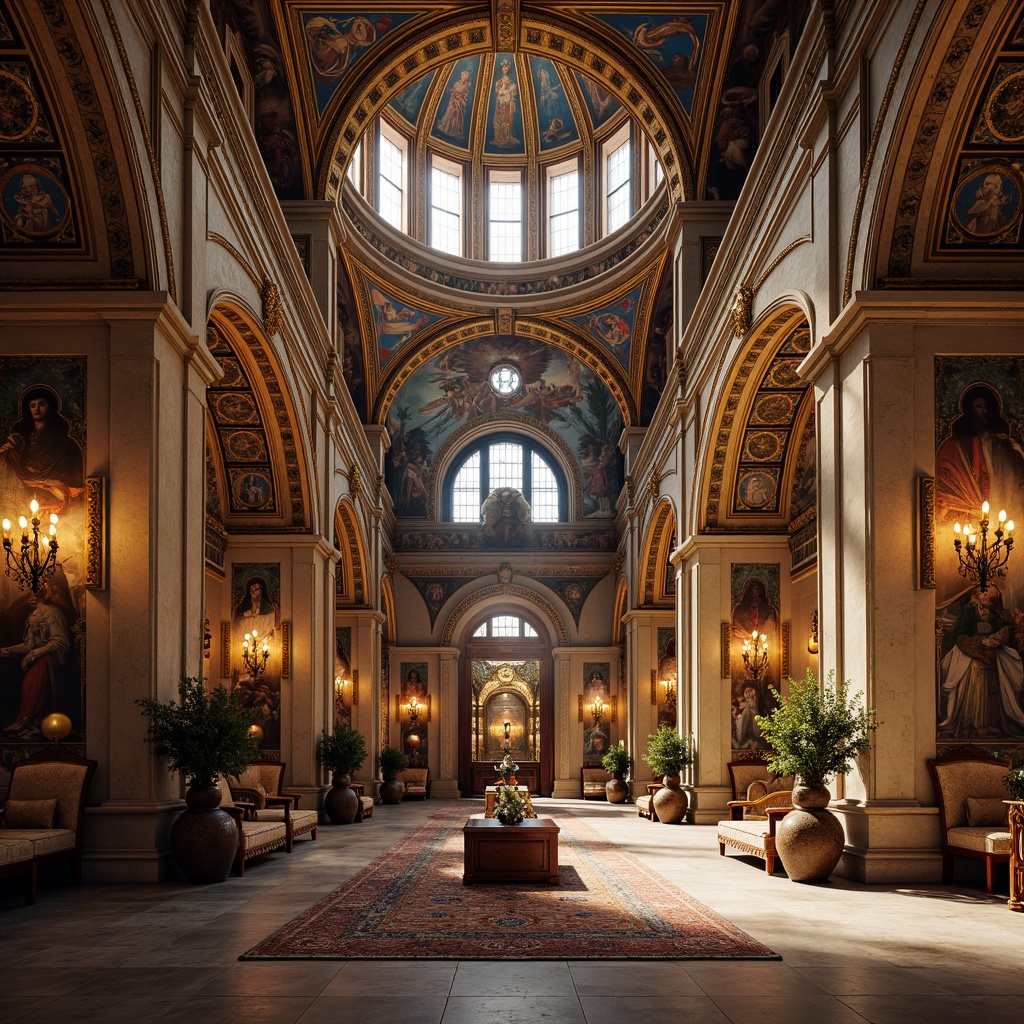 Prompt: Intricate mosaics, ornate arches, grand domes, lavish furnishings, luxurious textiles, rich gold accents, vibrant frescoes, sacred icons, ornamental columns, marble flooring, warm candlelight, soft diffused lighting, 1/1 composition, shallow depth of field, realistic textures, ambient occlusion, cozy nooks, intimate seating areas, grand chandeliers, majestic vaulted ceilings, spiritual ambiance.