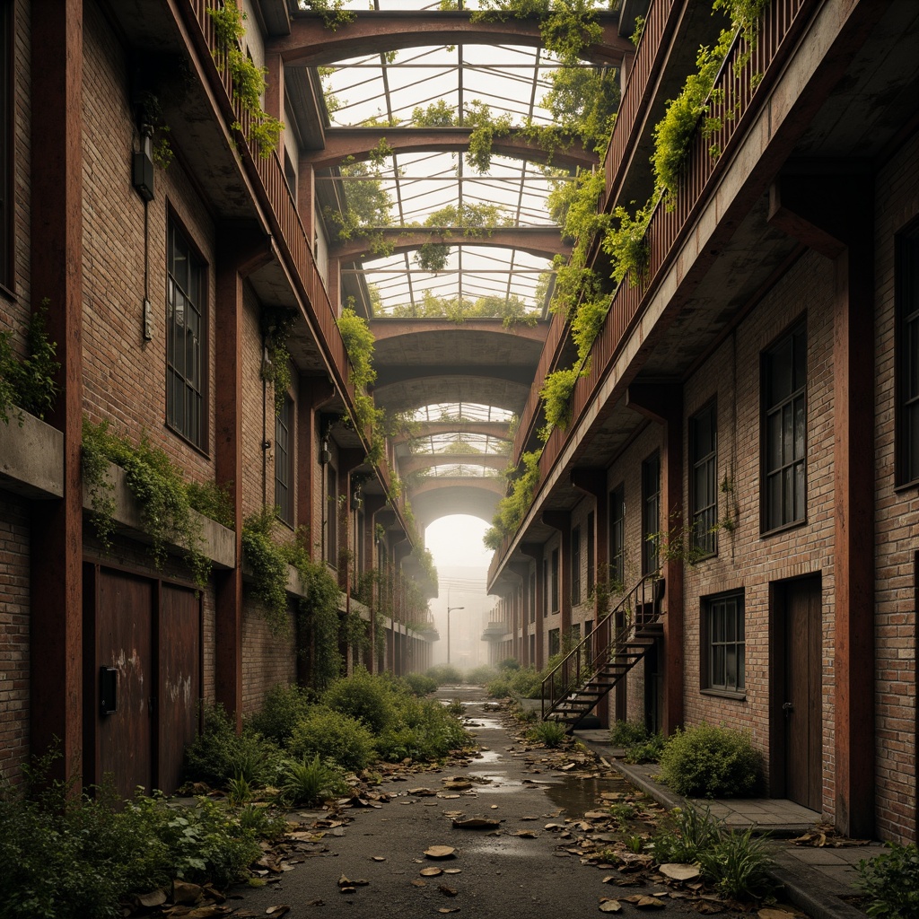 Prompt: Industrial warehouse, Gothic architectural style, rusty metal accents, old brick walls, ivy-covered facades, overgrown vegetation, abandoned landscape, urban decay, distressed textures, warm golden lighting, low-key shadows, 1/1 composition, symmetrical framing, mysterious atmosphere, eerie silence, foggy morning, crumbling stone walls, weathered wooden doors, vintage industrial equipment, faded signage, peeling paint, worn-out pathways, scattered debris.