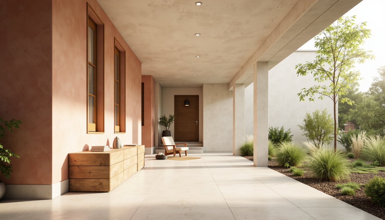 Prompt: Soft peach tones, calming mint greens, creamy whites, warm beige accents, rich walnut wood textures, natural stone surfaces, subtle golden lighting, shallow depth of field, 2/3 composition, realistic renderings, ambient occlusion.