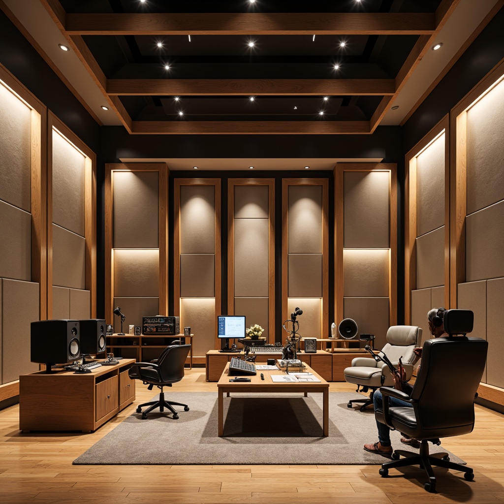 Prompt: Modern recording studio, sound-absorbing acoustic panels, wooden frames, soft fabric wraps, minimalist design, neutral color palette, professional audio equipment, microphones, headphones, soundboards, ergonomic chairs, dimmable LED lighting, warm ambient glow, 3/4 composition, shallow depth of field, realistic textures, ambient occlusion.