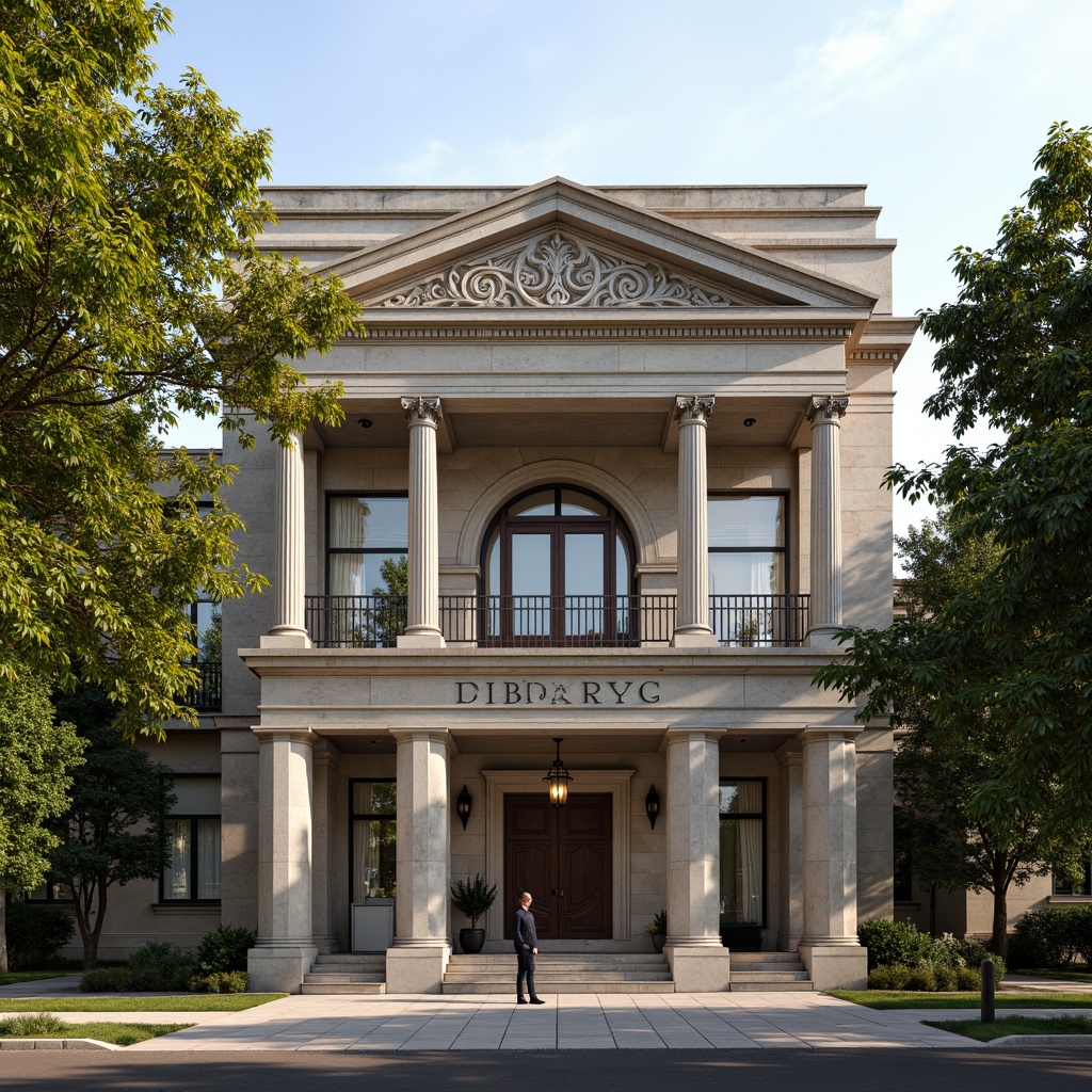 Prompt: Grand library facade, neoclassical architecture, ornate columns, carved stone details, symmetrical composition, imposing entrance, granite foundation, rusticated base, decorative cornices, intricately patterned stonework, soft warm lighting, subtle shading, 1/1 composition, realistic textures, ambient occlusion, lush greenery, mature trees, peaceful atmosphere, afternoon sunlight.