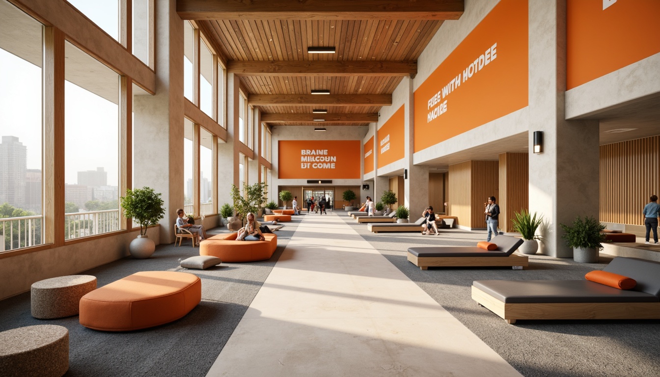 Prompt: Cozy gymnasium interior, warm beige walls, soft grey flooring, vibrant orange accents, ergonomic exercise equipment, cushioned seating areas, natural wood tones, woven textiles, plush carpets, sound-absorbing panels, large windows, abundant natural light, calm atmosphere, gentle color palette, subtle branding elements, motivational quotes, relaxed social zones, modern minimalist design, sleek metallic fixtures, ambient lighting, shallow depth of field, 1/1 composition, realistic textures.