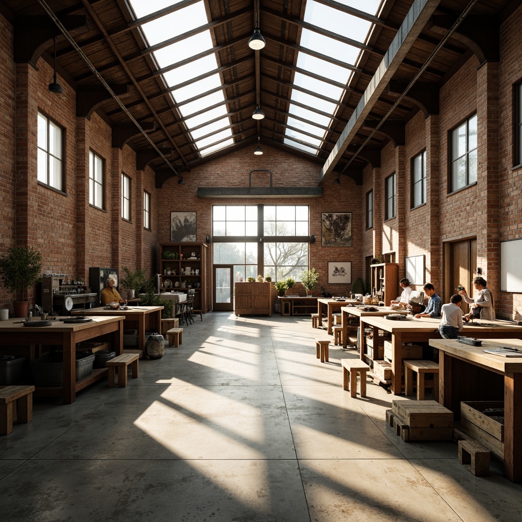 Prompt: Industrial workshop interior, minimalist design, natural light pouring in, overhead skylights, exposed brick walls, polished concrete floors, metal beams, wooden workbenches, hand tools scattered, creative clutter, warm color palette, soft shadows, gentle highlights, shallow depth of field, 1/1 composition, realistic textures, ambient occlusion.