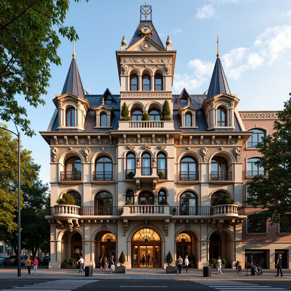 Prompt: Ornate public administration building, eclectic facade design, mix-and-match architectural styles, grand entrance with Corinthian columns, ornamental metalwork, intricate stone carvings, vibrant color scheme, asymmetrical composition, dynamic shapes, contrasting textures, rich ornamentation, luxurious materials, imposing clock tower, sweeping arches, dramatic lighting effects, warm afternoon sunlight, shallow depth of field, 1/2 composition, realistic rendering.