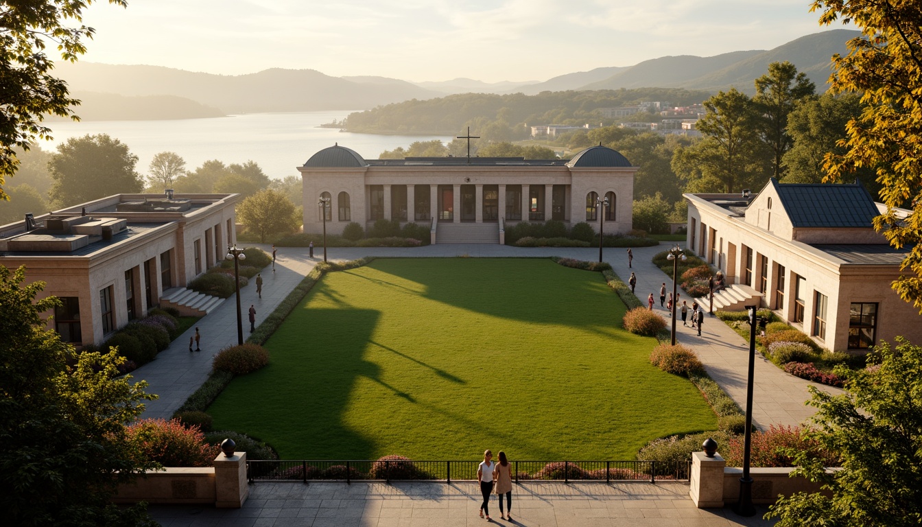 Prompt: Grandiose classical stadium, symmetrical fa\u00e7ade, majestic columns, ornate archways, lush greenery, vibrant flowers, rolling hills, serene lake views, misty morning atmosphere, warm golden lighting, shallow depth of field, 3/4 composition, panoramic view, realistic textures, ambient occlusion, rustic stone walls, manicured lawns, meandering walkways, vintage lamp posts, classic scoreboards, nostalgic seating areas, intricate metal railings, elegant VIP lounges.