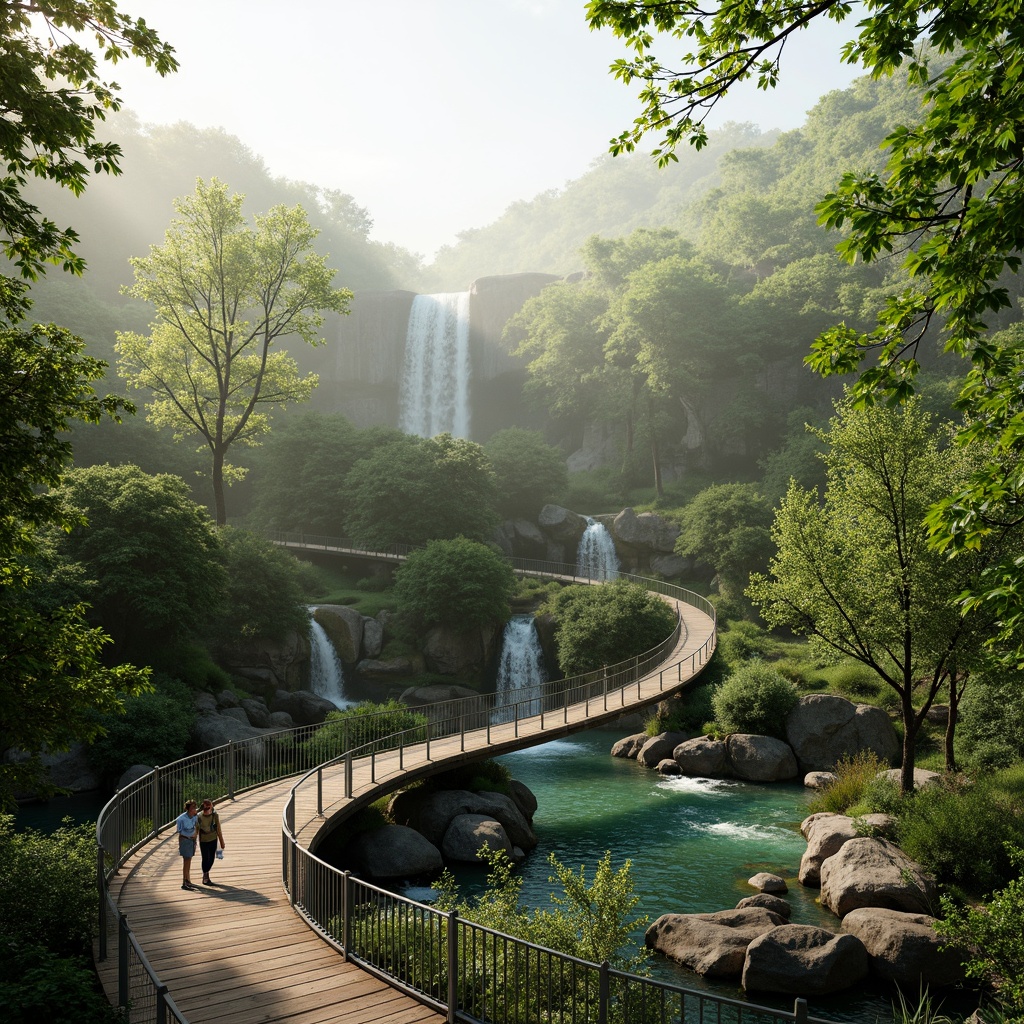 Prompt: Vibrant green bridge, curved suspension design, natural stone piers, steel cables, wooden decking, lush vegetation, waterfalls, misty atmosphere, warm sunlight, soft shadows, 1/1 composition, shallow depth of field, realistic textures, ambient occlusion, sustainable materials, eco-friendly construction, minimal environmental impact, scenic river views, serene surroundings, peaceful ambiance.