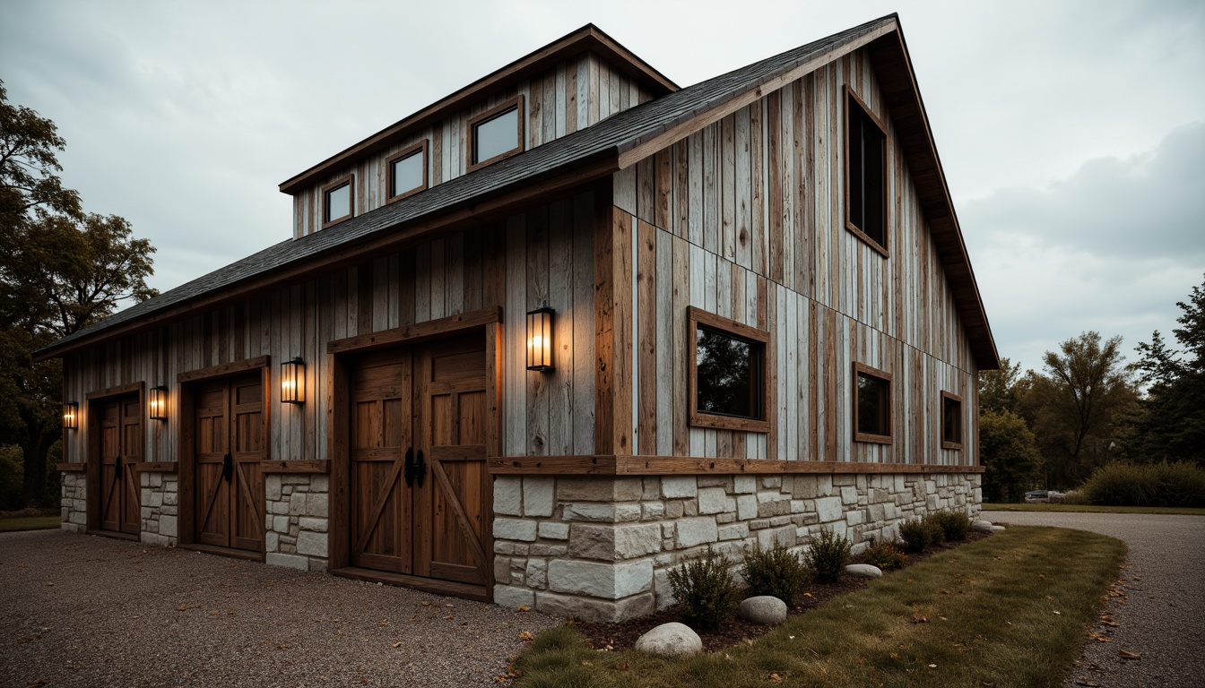 Prompt: Rustic barn, wooden accents, corrugated metal cladding, asymmetrical facade, bold rectangular forms, minimalist ornamentation, earthy color palette, natural stone foundation, wooden shutters, steel windows, industrial-style lighting, overcast sky, dramatic shadows, low-angle view, 1/2 composition, gritty textures, atmospheric perspective.