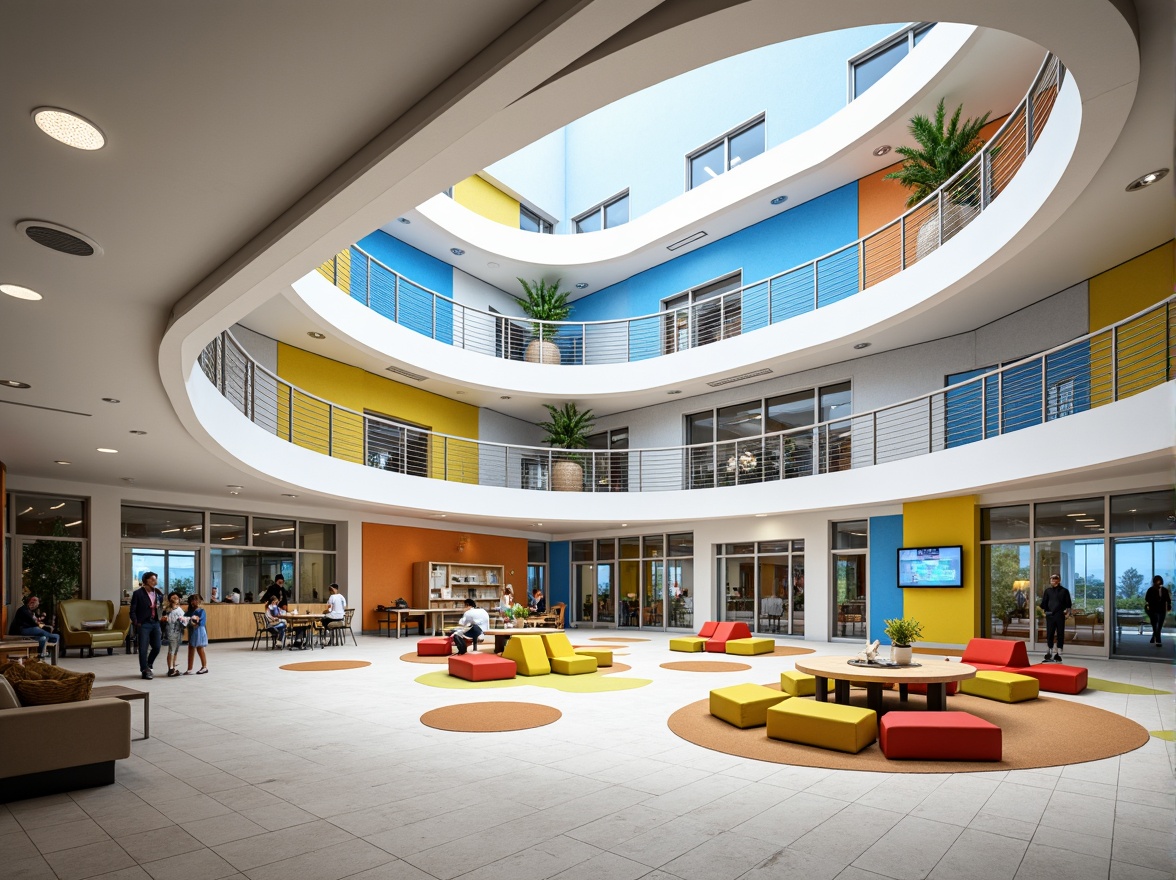 Prompt: Vibrant modern school, streamline architecture, curved lines, metallic accents, bright color palette, calming blues, energetic yellows, bold oranges, crisp whites, polished chrome fixtures, minimalist decor, abundant natural light, floor-to-ceiling windows, open spaces, collaborative learning areas, ergonomic furniture, interactive displays, dynamic patterns, geometric shapes, subtle texture variations, soft ambient lighting, shallow depth of field, 3/4 composition, realistic renderings.