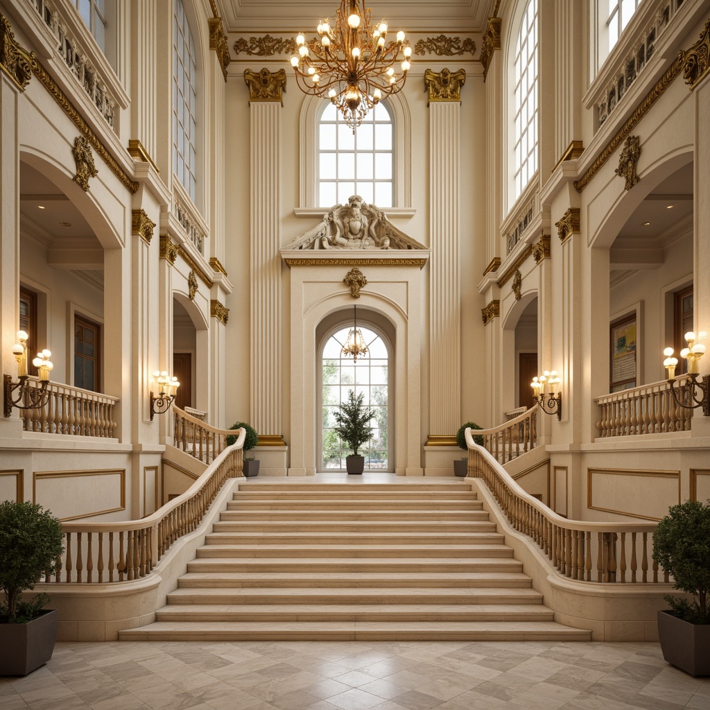 Prompt: Elegant neoclassical building, ornate columns, symmetrical facade, soft cream walls, rich gold accents, subtle beige tones, dramatic marble floors, intricate stone carvings, grandiose staircases, refined bronze details, lavish chandeliers, warm candlelight, shallow depth of field, 1/1 composition, classical proportions, realistic textures, ambient occlusion.