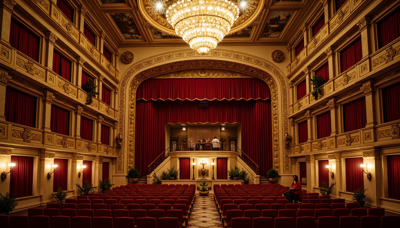 Prompt: Intricate auditorium, rich Baroque style, ornate gold detailing, lavish chandeliers, grandiose staircase, velvet red curtains, intricate wood carvings, ornamental frescoes, sculpted marble columns, gilded moldings, opulent fabrics, luxurious seating, regal atmosphere, warm golden lighting, dramatic spotlights, shallow depth of field, 1/2 composition, symmetrical framing, realistic textures, ambient occlusion.