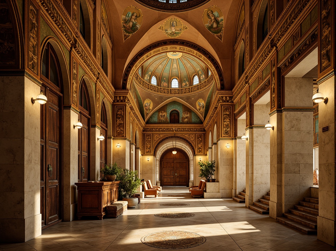 Prompt: \Majestic monastery architecture, Byzantine style, warm golden hues, rich turquoise accents, creamy marble textures, intricate mosaics, ornate frescoes, vaulted ceilings, grandiose domes, ornamental columns, rustic stone walls, weathered wooden doors, mystical candlelit ambiance, soft warm lighting, shallow depth of field, 1/1 composition, realistic textures, ambient occlusion.\