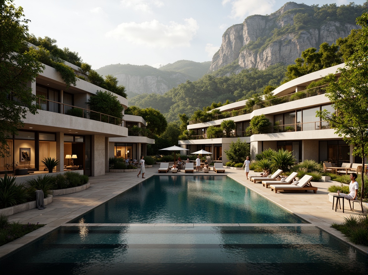 Prompt: Luxurious hotel facade, curved balconies, lush green roofs, tropical poolside bar, natural stone walls, modern minimalist architecture, sleek glass railings, tranquil water features, cascading waterfall, serene forest surroundings, misty mountainous backdrop, warm golden lighting, soft focus effect, 1/1 composition, symmetrical framing, realistic textures, ambient occlusion.