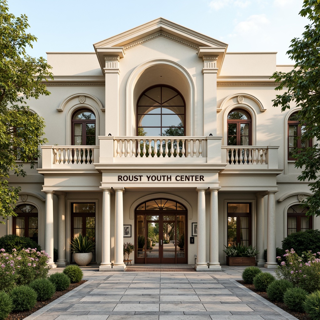 Prompt: Grandiose youth center facade, Corinthian columns, ornate archways, symmetrical composition, neutral color palette, creamy marble walls, rustic stone foundations, decorative balustrades, elegant cornices, majestic entrance gates, lush greenery, blooming flowers, vibrant flower boxes, natural stone walkways, soft warm lighting, shallow depth of field, 3/4 composition, realistic textures, ambient occlusion.