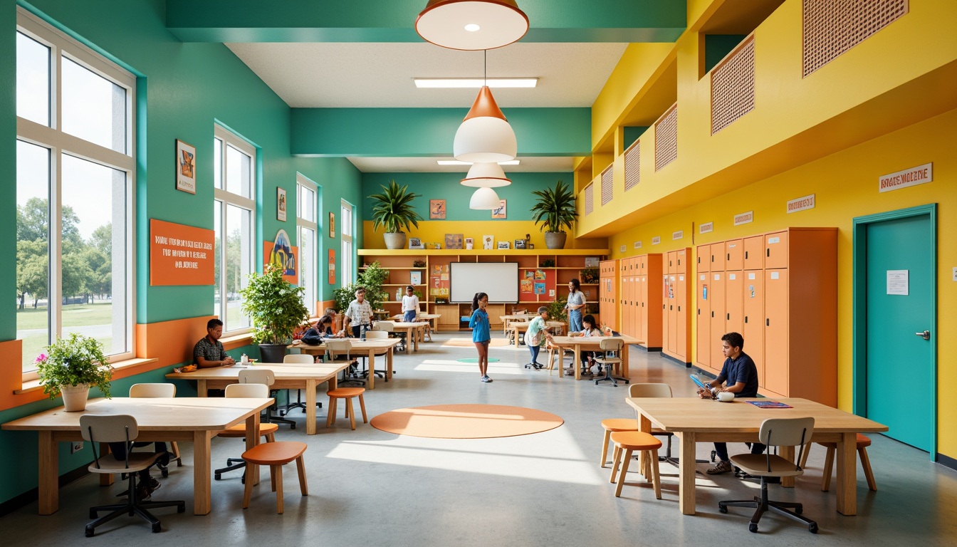 Prompt: Vibrant elementary school, bright yellow walls, playful turquoise accents, energetic orange lockers, lively green classrooms, colorful murals, inspirational quotes, modern furniture, wooden tables, ergonomic chairs, interactive whiteboards, collaborative learning spaces, natural light, airy corridors, cheerful flooring patterns, stimulating art displays, youthful textures, shallow depth of field, 1/1 composition, warm soft lighting.