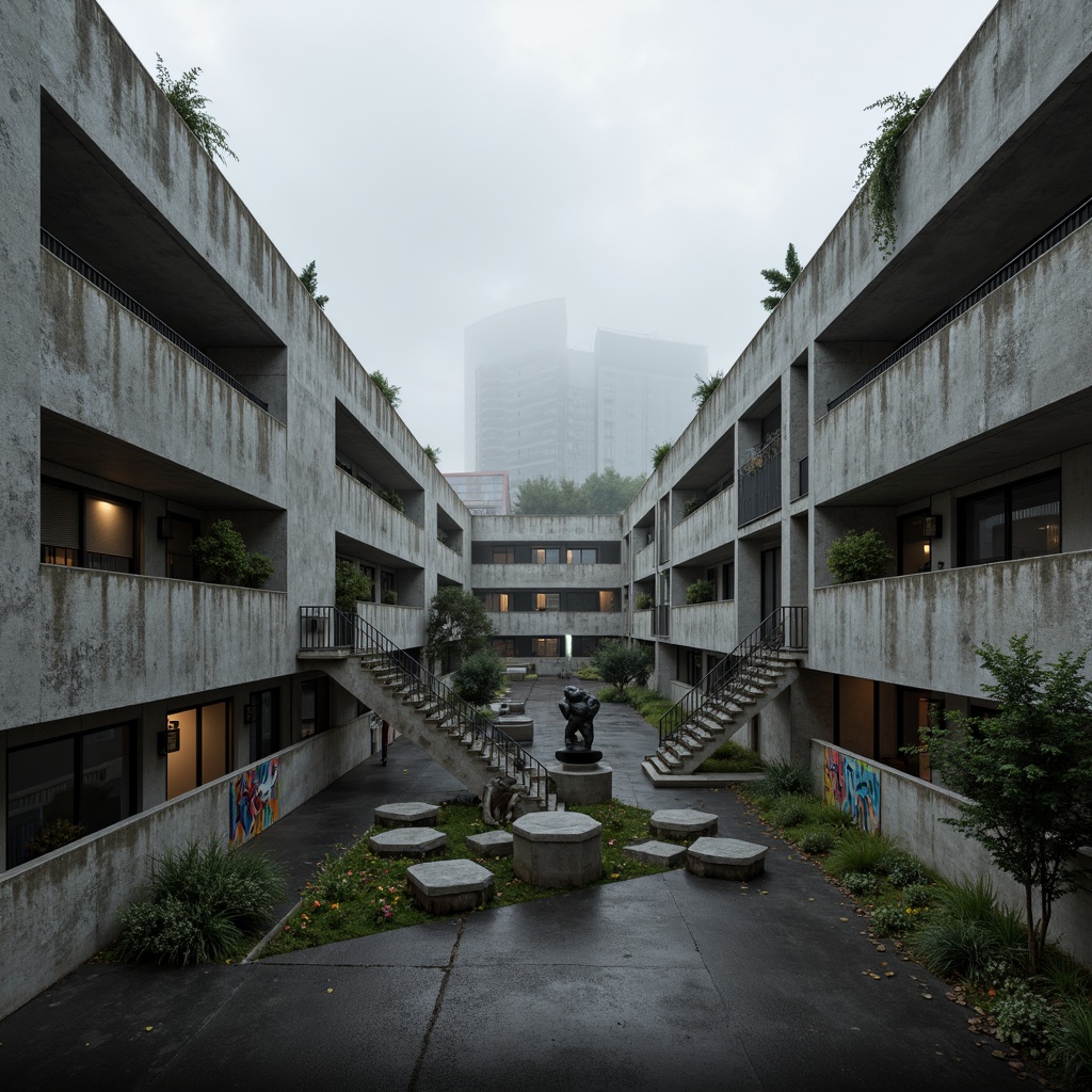 Prompt: Bleak brutalist residential complex, rugged concrete fa\u00e7ades, raw industrial textures, urban landscape, overcast sky, sparse vegetation, modernist architectural design, functional open spaces, communal courtyards, geometric staircases, exposed ductwork, minimalist decor, industrial lighting fixtures, brutalist sculptures, abstract graffiti, urban soundscape, cinematic framing, high-contrast lighting, atmospheric fog effects, symmetrical composition.