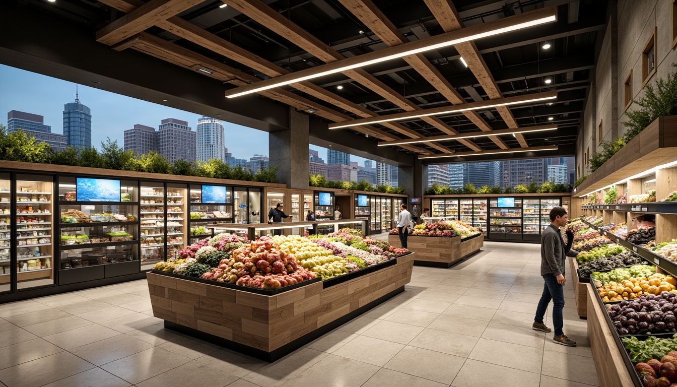 Prompt: High-tech grocery store interior, polished metal shelving, LED lighting, glass refrigerators, wooden accents, minimalist decor, sleek digital displays, interactive kiosks, natural stone flooring, eco-friendly materials, sustainable energy solutions, solar panels, green roofs, futuristic architecture, angular lines, modern urban aesthetic, bustling city atmosphere, bright warm lighting, shallow depth of field, 1/1 composition, realistic textures, ambient occlusion.