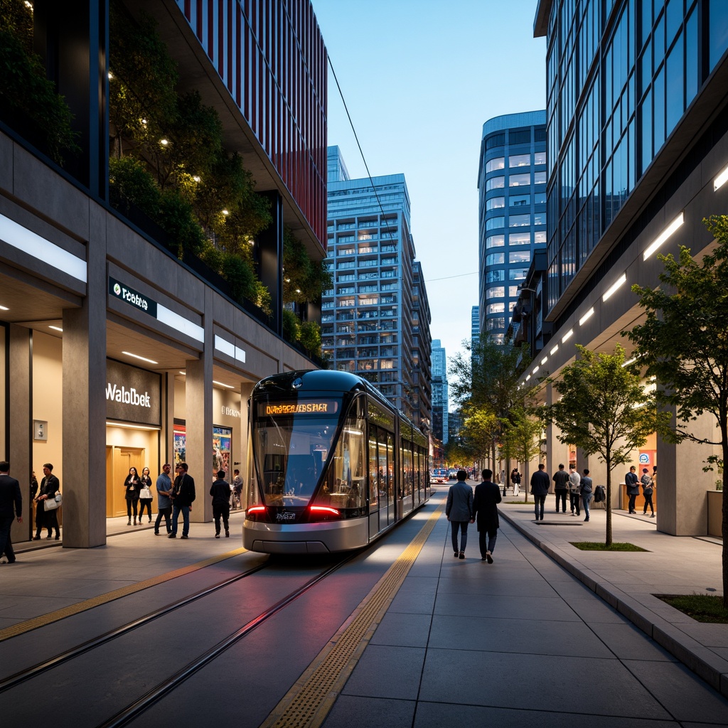 Prompt: Futuristic tram station, sleek metal framework, stainless steel columns, brushed aluminum walls, polished chrome accents, vibrant LED lighting, modern urban architecture, bustling cityscape, morning rush hour, shallow depth of field, 3/4 composition, panoramic view, realistic textures, ambient occlusion.