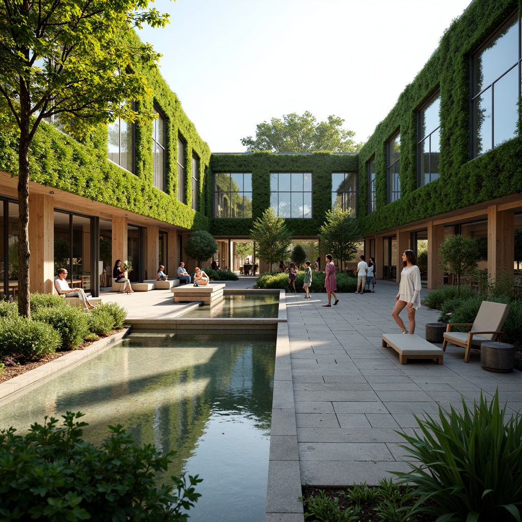 Prompt: Soothing clinic courtyard, lush green walls, calming water features, natural stone pathways, modern minimalist architecture, large glass facades, transparent roofs, warm wood accents, comfortable seating areas, abundant natural light, soft diffused lighting, shallow depth of field, 3/4 composition, serene atmosphere, realistic textures, ambient occlusion, vibrant flowers, verdant plants, peaceful ambiance.