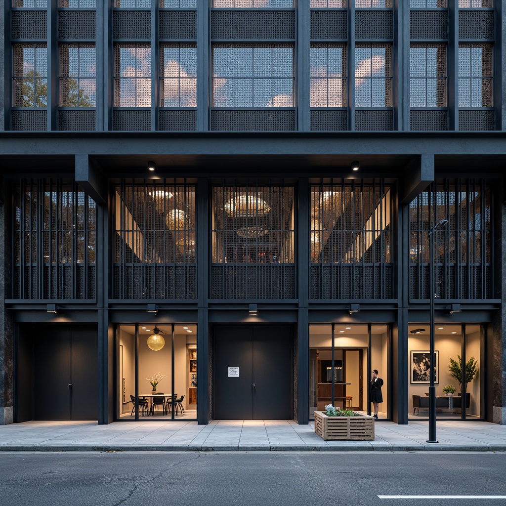 Prompt: Industrial building facade, perforated metal panels, corrugated iron sheets, urban cityscape, modern architecture, sleek lines, minimalist design, functional aesthetics, exposed ductwork, concrete floors, steel beams, metallic luster, high-contrast lighting, dramatic shadows, 1-point perspective, symmetrical composition, realistic reflections, ambient occlusion.