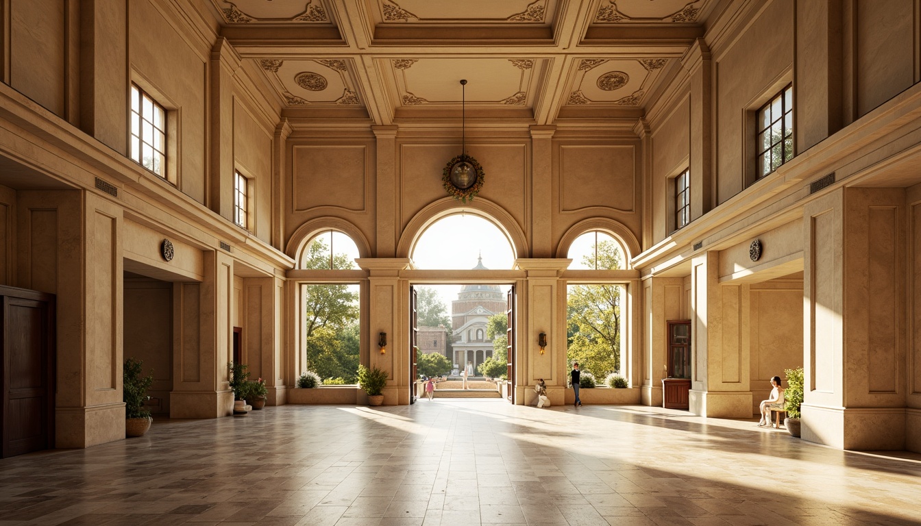 Prompt: Elegant gymnasium, Renaissance-inspired architecture, ornate columns, arched windows, grand entrance, polished marble floors, high ceilings, vaulted roofs, classical statues, intricate moldings, warm beige color scheme, soft golden lighting, shallow depth of field, 1/1 composition, symmetrical framing, realistic textures, ambient occlusion.