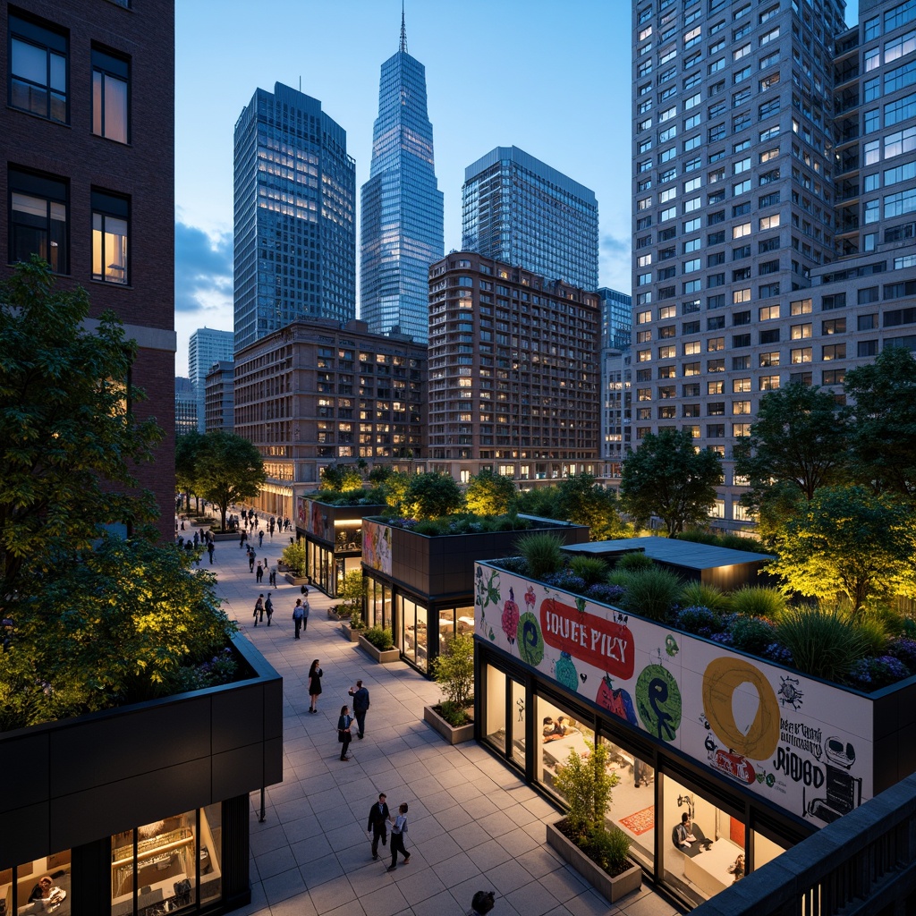 Prompt: Vibrant cityscape, modern skyscrapers, bustling streets, pedestrian walkways, urban parks, green roofs, street art murals, eclectic architecture, mixed-use buildings, rooftop gardens, vertical farming, LED lighting, night-time ambiance, shallow depth of field, 1/1 composition, realistic textures, ambient occlusion.