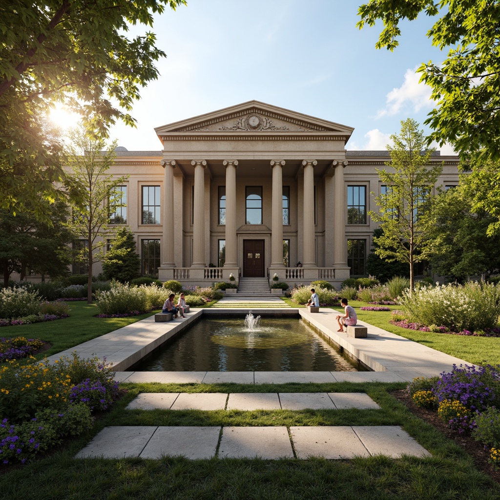 Prompt: Majestic neoclassical library building, grand stone columns, ornate pediments, symmetrical facade, lush greenery surroundings, serene water features, walking paths, natural stone benches, vibrant flower beds, majestic trees, warm sunny day, soft golden lighting, shallow depth of field, 3/4 composition, panoramic view, realistic textures, ambient occlusion.